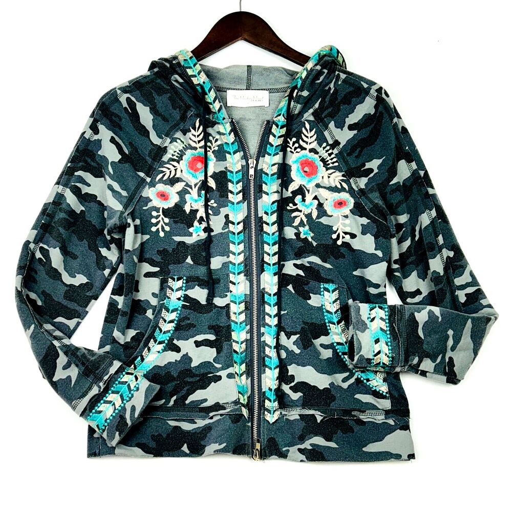 Women's Camouflage Hoodie Full Zip Embroidered Raw Edge Army Gray S Shabby Chic - Picture 1 of 16